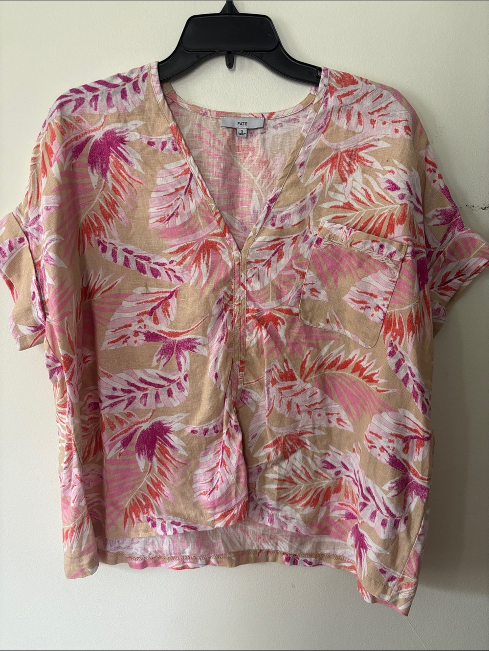 Fate Tropical Leaf Print V-Neck Tunic in Pink and Tan